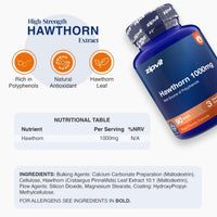 A bottle of zipvit Hawthorn 1000mg dietary supplement shown on a light gray background with informational graphics, including three orange icons, a nutritional table, and ingredients text.