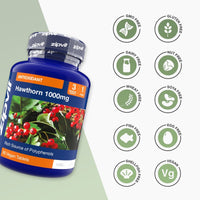 Blue Hawthorn 1000mg bottle with berry artwork and free-from icons on the right side.