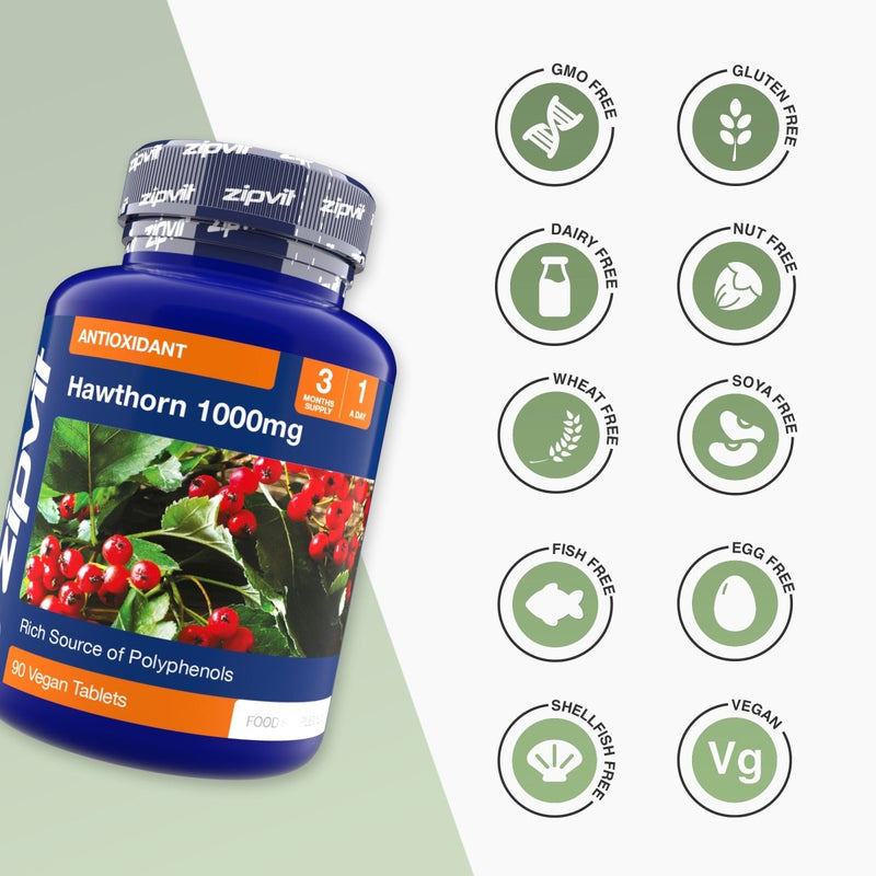 Blue Hawthorn 1000mg bottle with berry artwork and free-from icons on the right side.