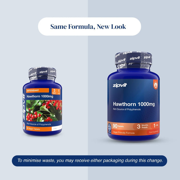 Two blue supplement bottles labeled zipvit Hawthorn 1000mg on a light gray background, with text reading 'Same Formula, New Look' and a note about minimizing waste.