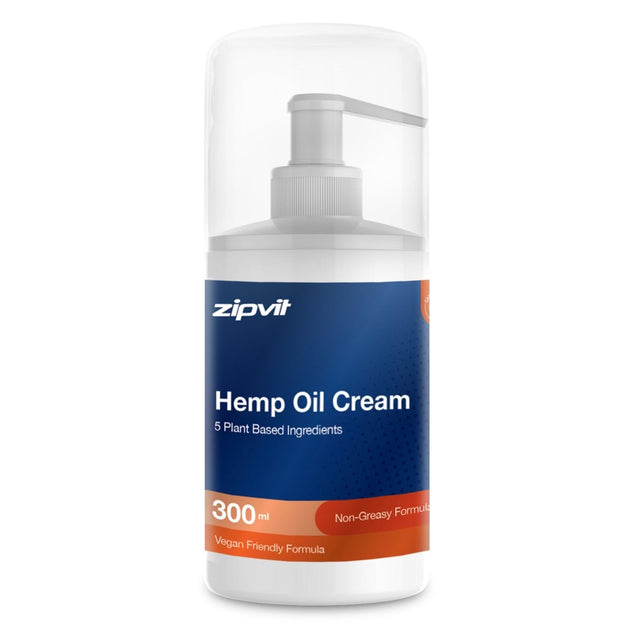 A 300ml pump bottle of zipvit Hemp Oil Cream, featuring a white bottle with a clear cap and a blue and orange label.