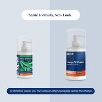 A product comparison graphic for zipvit Hemp Oil Cream showing two pump bottles side by side under the text 'Same Formula, New Look' and a note about minimizing waste. The left bottle has a green and purple label, and the right bottle has a blue and orange label, both on a split light blue and gray background.