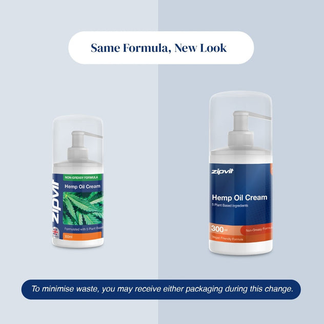 A product comparison graphic for zipvit Hemp Oil Cream showing two pump bottles side by side under the text 'Same Formula, New Look' and a note about minimizing waste. The left bottle has a green and purple label, and the right bottle has a blue and orange label, both on a split light blue and gray background.