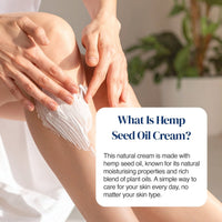 A person applying white cream from a tube onto their leg, with a text box overlay explaining what hemp seed oil cream is.