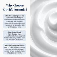 An informational graphic with the heading 'Why Choose Zipit's Formula?' on the left and a large close-up of a white cream swirl on the right. Text lists five plant-based ingredients, fast-absorbing properties, and massage-friendly formula benefits.