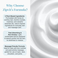 Infographic shows Why Choose Zipvit Formula with a Hemp Oil Cream bottle on the right and three blue feature panels on the left
