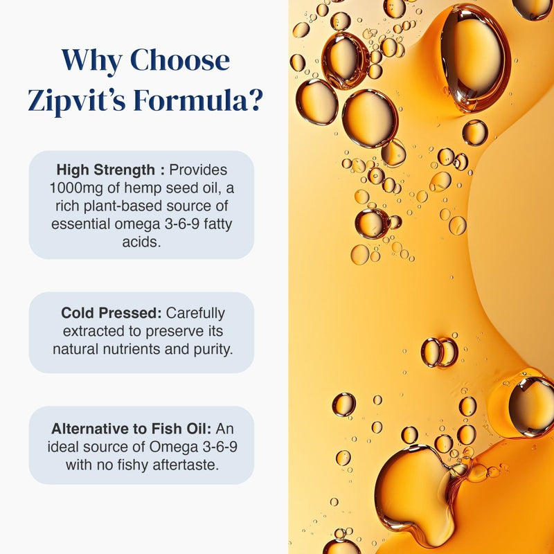 Promotional graphic for Zipvit's Formula hemp seed oil, featuring text on the left explaining benefits like high strength and cold pressing, and a golden oil column with droplets on the right.