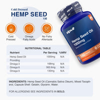 A bottle of zipvit Hemp Seed Oil 1000mg cold pressed omega fatty acids supplement, shown alongside a detailed infographic detailing its nutritional value, ingredients, and key benefits on a clean white background.