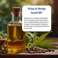 A clear glass bottle filled with golden hemp seed oil and sealed with a cork stopper, placed on a wooden surface with hemp seeds, green leaves, and a blurred natural background. A white text box on the right reads, 'What Is Hemp Seed Oil?' with a descriptive paragraph.
