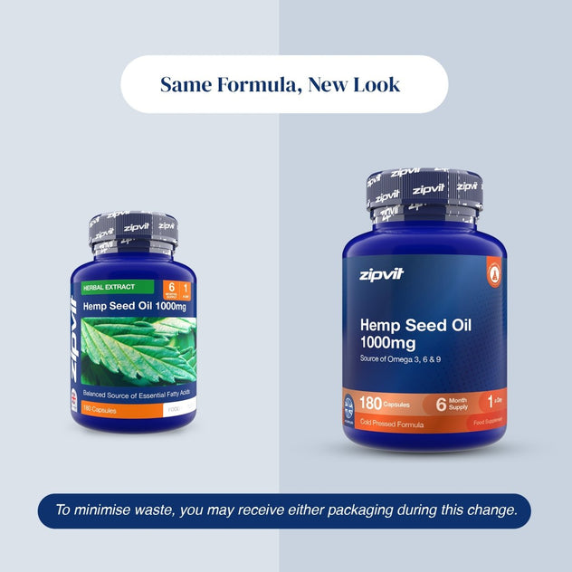 Two blue supplement bottles of zipvit Hemp Seed Oil 1000mg shown on a split light gray background with text reading 'Same Formula, New Look' and a note about minimizing waste.
