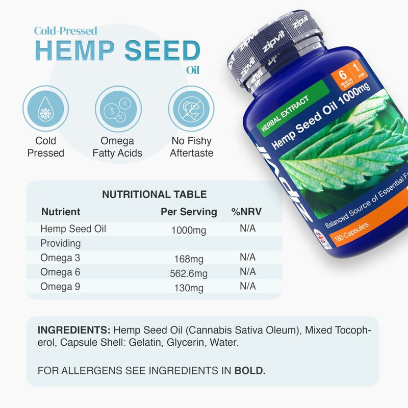 Angled blue bottle of Hemp Seed Oil 1000mg with label featuring hemp leaf image