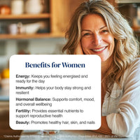 A smiling woman with blonde hair sits indoors against a softly blurred background, with a large white text panel over the lower-left side reading 'Benefits for Women' and listing energy, immunity, hormonal balance, fertility, and beauty claims.
