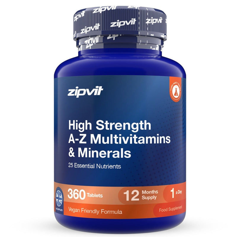 A blue plastic bottle of zipvit High Strength A-Z Multivitamins & Minerals with a dark blue cap, on a clean white background.