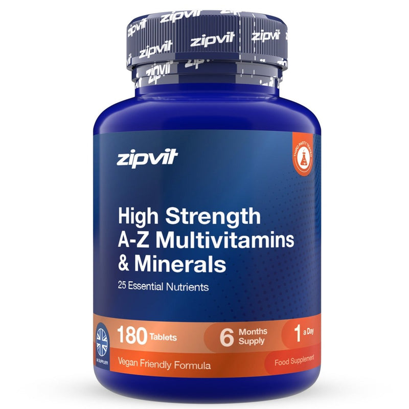 A blue plastic bottle of zipvit High Strength A-Z Multivitamins & Minerals with a dark blue cap, on a clean white background.