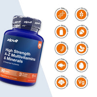 A blue bottle of zipvit High Strength A-Z Multivitamins & Minerals shown on a light gray background with orange circular icons indicating dietary certifications and vegan status.