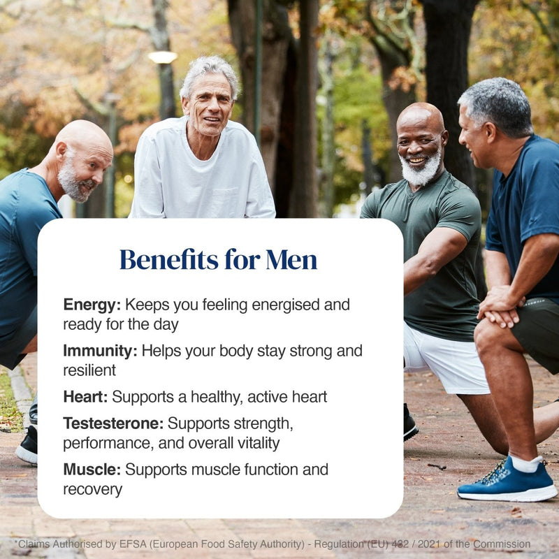 A promotional graphic with a group of four men exercising outdoors in a park, overlaid with a large white text box titled 'Benefits for Men' listing energy, immunity, heart, testosterone, and muscle benefits.