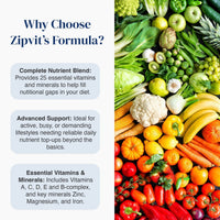 Promotional graphic for Zipvit's Formula showing text on the left and a colorful assortment of fresh fruits and vegetables on the right. The text highlights benefits like a complete nutrient blend, advanced support, and essential vitamins and minerals.