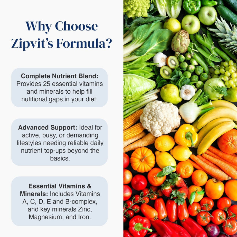 Promotional graphic for Zipvit's Formula showing text on the left and a colorful assortment of fresh fruits and vegetables on the right. The text highlights benefits like a complete nutrient blend, advanced support, and essential vitamins and minerals.