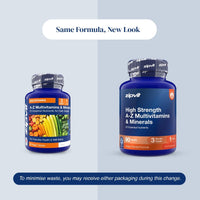 Old and new Zipvit High Strength A–Z Multivitamins and Minerals packaging shown side by side under the heading ‘Same Formula, New Look.’ Both contain 90 vegan tablets with 25 essential nutrients, providing a three-month supply, with a note that either design may be received during the packaging transition.