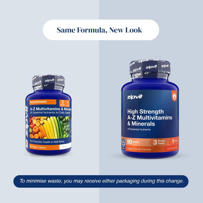 Old and new Zipvit High Strength A–Z Multivitamins and Minerals packaging shown side by side under the heading ‘Same Formula, New Look.’ Both contain 90 vegan tablets with 25 essential nutrients, providing a three-month supply, with a note that either design may be received during the packaging transition.