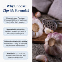 Promotional graphic for Zipvit's Formula garlic supplement, featuring text callouts on the left and a styled photo of whole garlic bulbs, a garlic press, and garlic cloves on a wooden board on the right.
