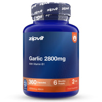A blue bottle of zipvit Garlic 2800mg with Vitamin B1, containing 360 capsules, on a clean white background.