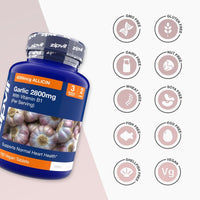 Blue garlic supplement bottle with multiple allergen free icons displayed to the right