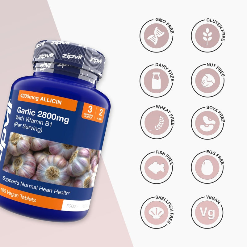 Blue garlic supplement bottle with multiple allergen free icons displayed to the right