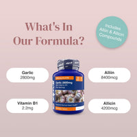 Blue garlic supplement bottle centered on a pink gradient background with alliin and allicin compound graphics