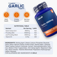 A bottle of zipvit Complete Garlic Support dietary supplement shown on a white background with informational graphics, icons for heart health, energy support, and nervous system, a nutritional table, and ingredients list.