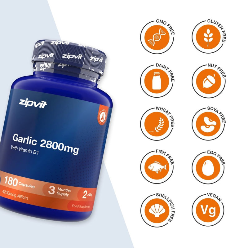 A blue bottle of zipvit Garlic 2800mg dietary supplement capsules shown next to a column of orange circular icons indicating product attributes such as GMO free, gluten free, dairy free, nut free, wheat free, soy free, fish free, egg free, shellfish free, and vegan.