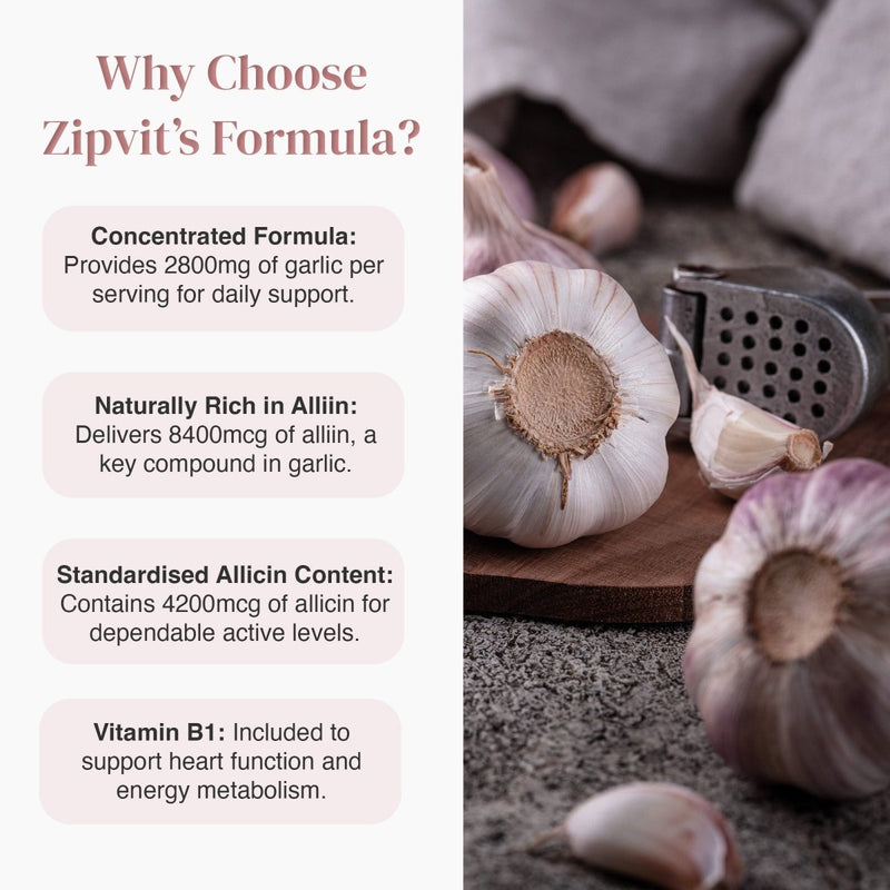 Why Choose Zipvit's Formula infographic with four benefit panels on the left and a garlic bulb image on the right.