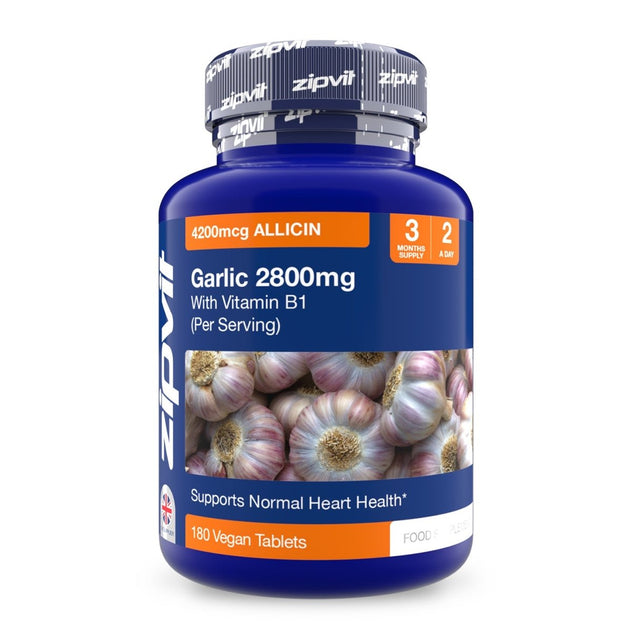 Blue Zipvit Garlic 2800mg bottle with 4200mcg allicin label and garlic bulb image.