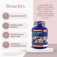 Benefits infographic with four rounded panels on the left and a garlic 2800mg supplement bottle on the right against a pale pink background.