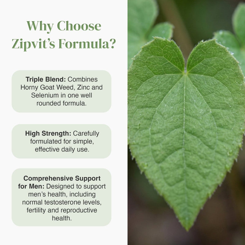 Why Choose Zipvit Formula infographic showing three benefits and a leaf background on the right