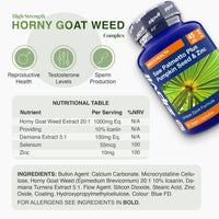 High Strength Horny Goat Weed Complex bottle with a leafy background and a nutrition table on the left