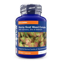Horny Goat Weed Complex bottle with damiana leaves on label and 60 vegan capsules