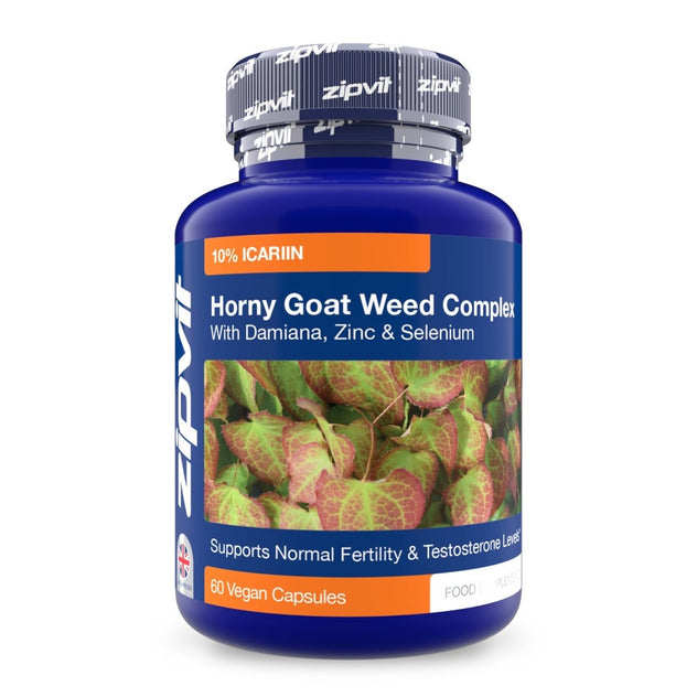 Horny Goat Weed Complex bottle with damiana leaves on label and 60 vegan capsules