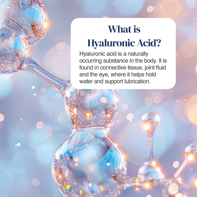 An informational graphic with the text 'What is Hyaluronic Acid?' over a soft-focus scientific illustration of clear glass beakers and molecules on a blue and white background.