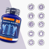 Blue Hyaluronic Acid 50mg bottle with nine circular icons listing GMO Free Gluten Free Dairy Free Nut Free Wheat Free Soya Free Fish Free Egg Free Shellfish Free and Vegan beside it