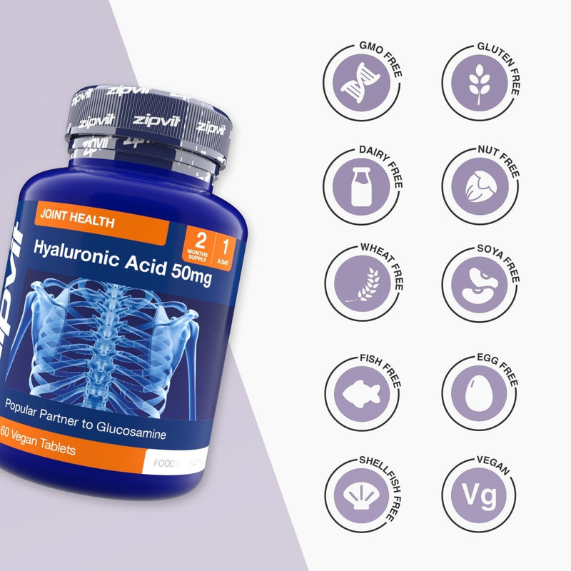 Blue Hyaluronic Acid 50mg bottle with nine circular icons listing GMO Free Gluten Free Dairy Free Nut Free Wheat Free Soya Free Fish Free Egg Free Shellfish Free and Vegan beside it