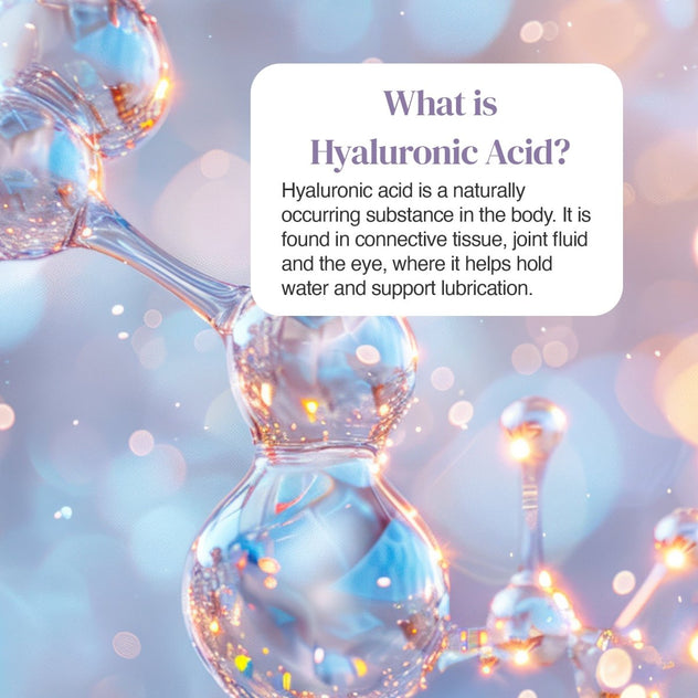 Educational graphic about hyaluronic acid with a white rounded text box over a blue abstract background.