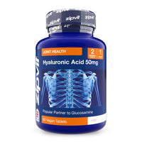 Blue Hyaluronic Acid 50mg bottle with a ribcage graphic and orange joint health banner.