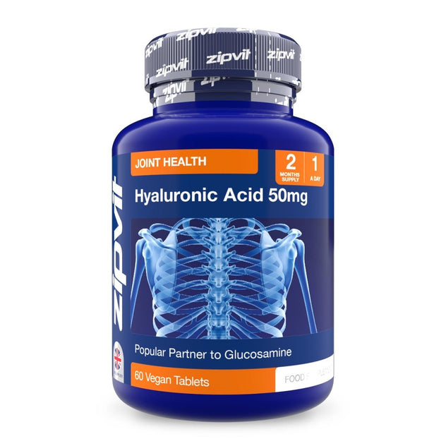 Blue Hyaluronic Acid 50mg bottle with a ribcage graphic and orange joint health banner.