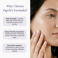 Split layout showing Why Choose Zipvit's Formula with benefits on the left and a close up of a woman's face on the right.