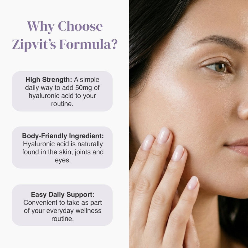 Split layout showing Why Choose Zipvit's Formula with benefits on the left and a close up of a woman's face on the right.