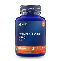 A blue plastic bottle of zipvit Hyaluronic Acid 50mg dietary supplement capsules, featuring a dark blue label with white text and orange accents, on a clean white background.