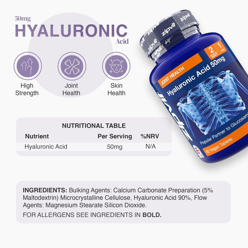 Blue Hyaluronic Acid 50mg bottle tilted right with a skeleton graphic, a nutrition table, and icons for High Strength Joint Health Skin Health