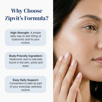Promotional graphic for Zipvit's Formula showing a close-up of a woman touching her face on the right, alongside text on the left explaining benefits like high strength, body-friendly ingredients, and easy daily support.
