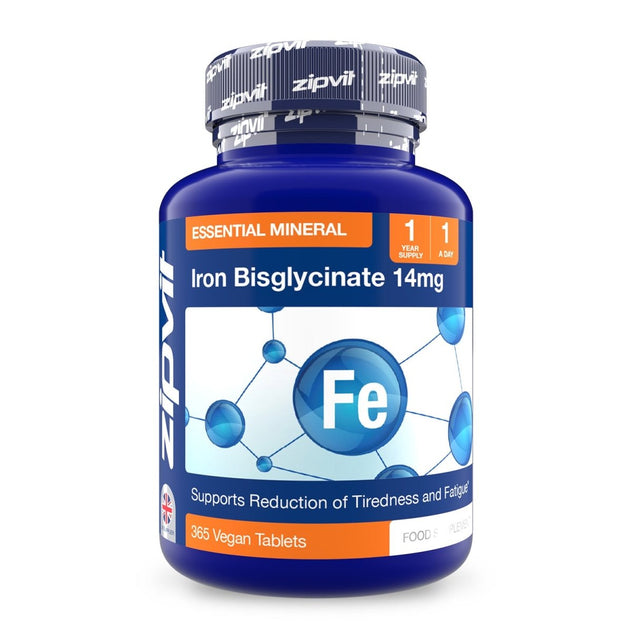 Iron Bisglycinate 14mg bottle with Fe symbol on label and blue packaging.